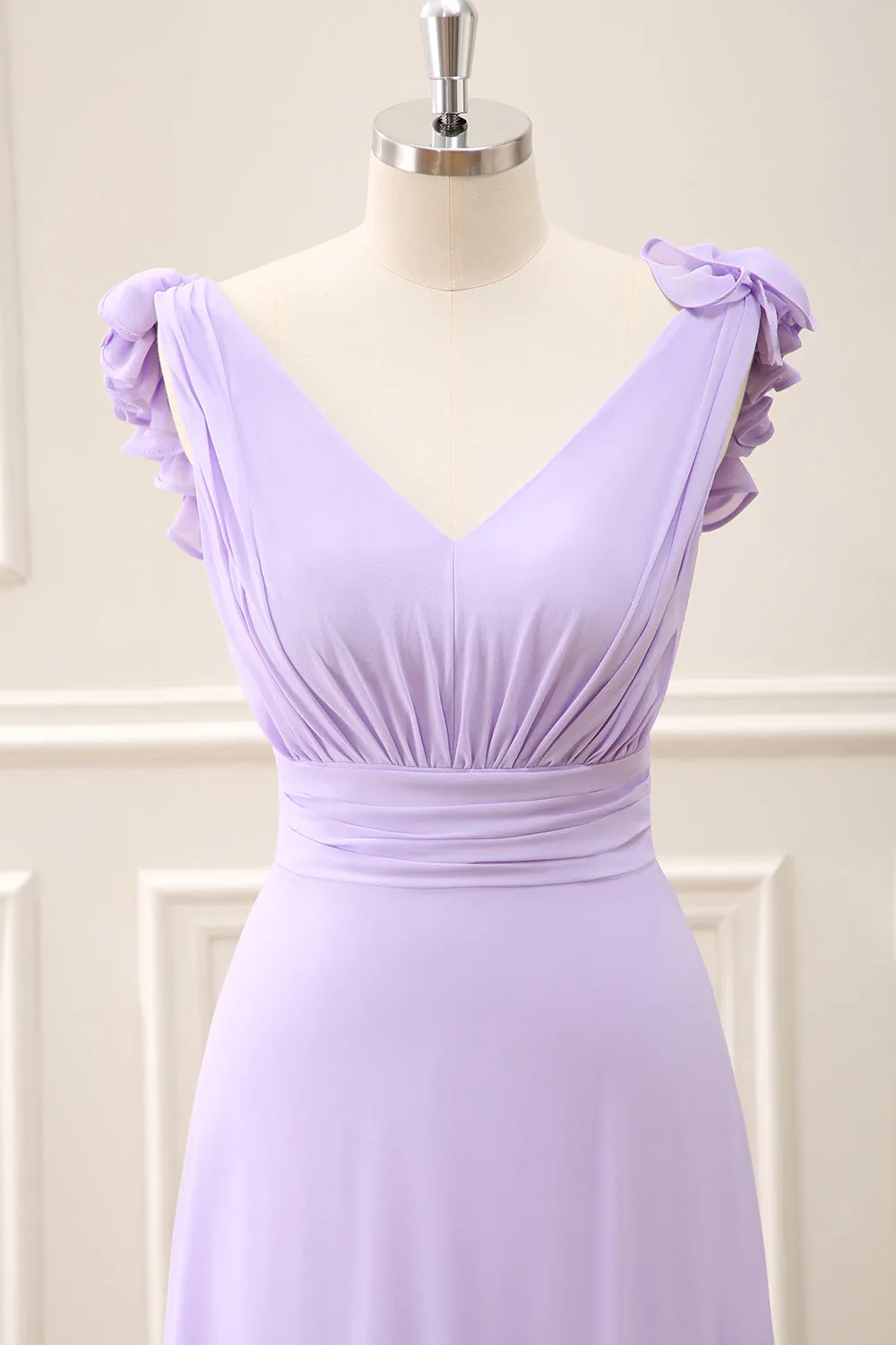 Lilac A Line Chiffon Ruched Maxi Dress with Ruffles