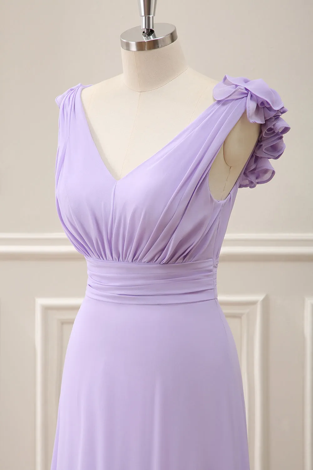 Lilac A Line Chiffon Ruched Maxi Dress with Ruffles