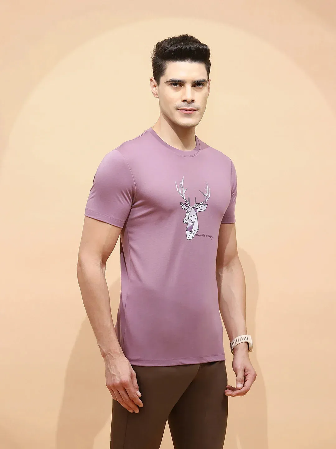 Mauve Viscose Blend Regular Fit T-Shirt For Men