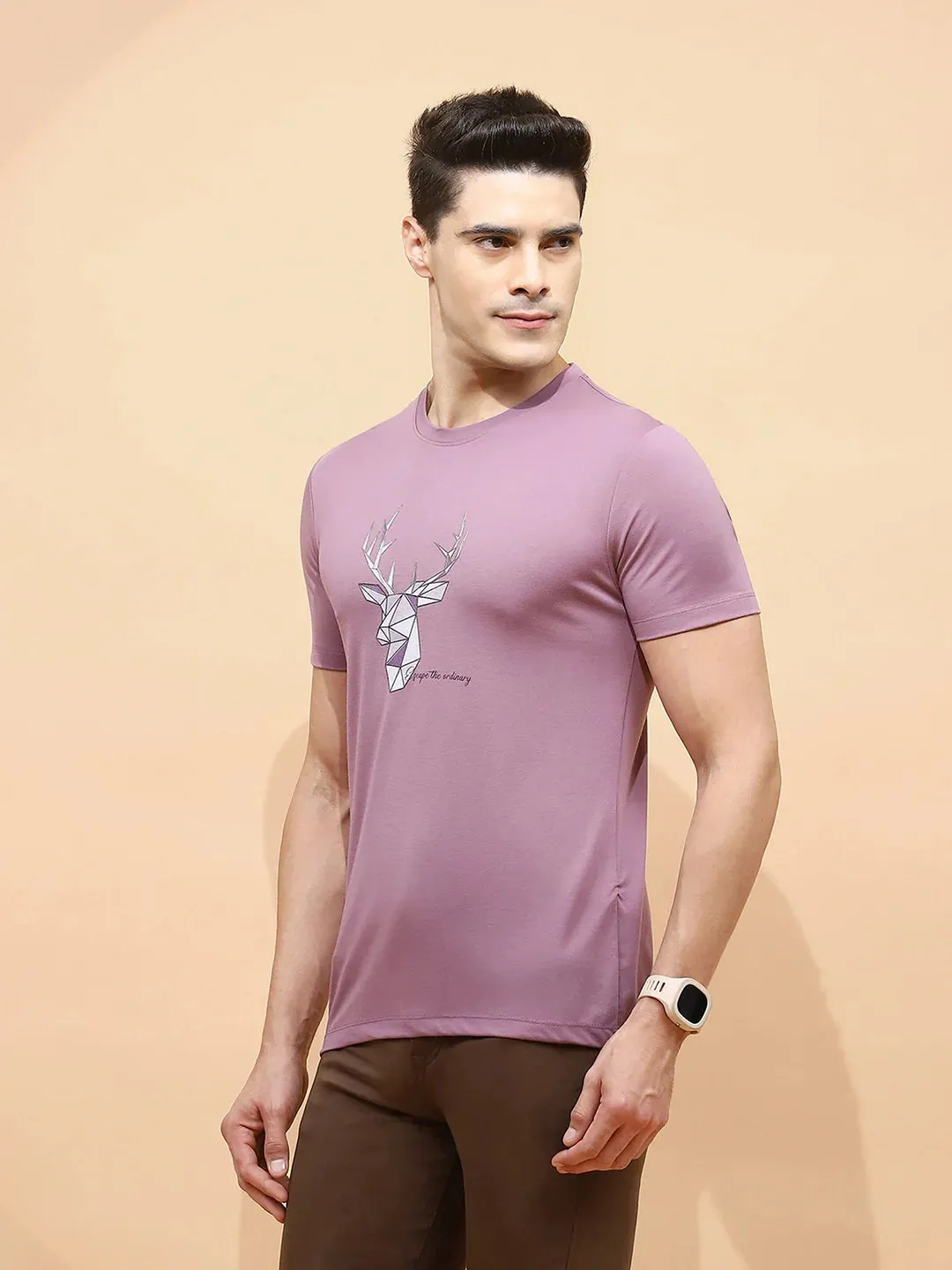 Mauve Viscose Blend Regular Fit T-Shirt For Men