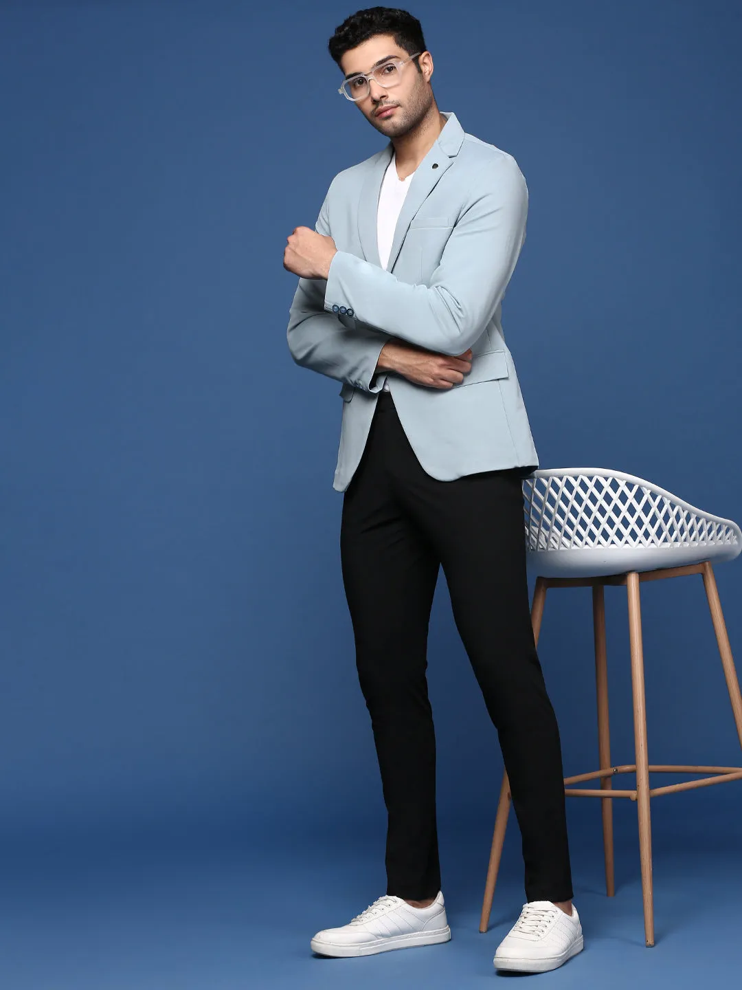 Men Blue Slim Fit Single Breasted Blazer