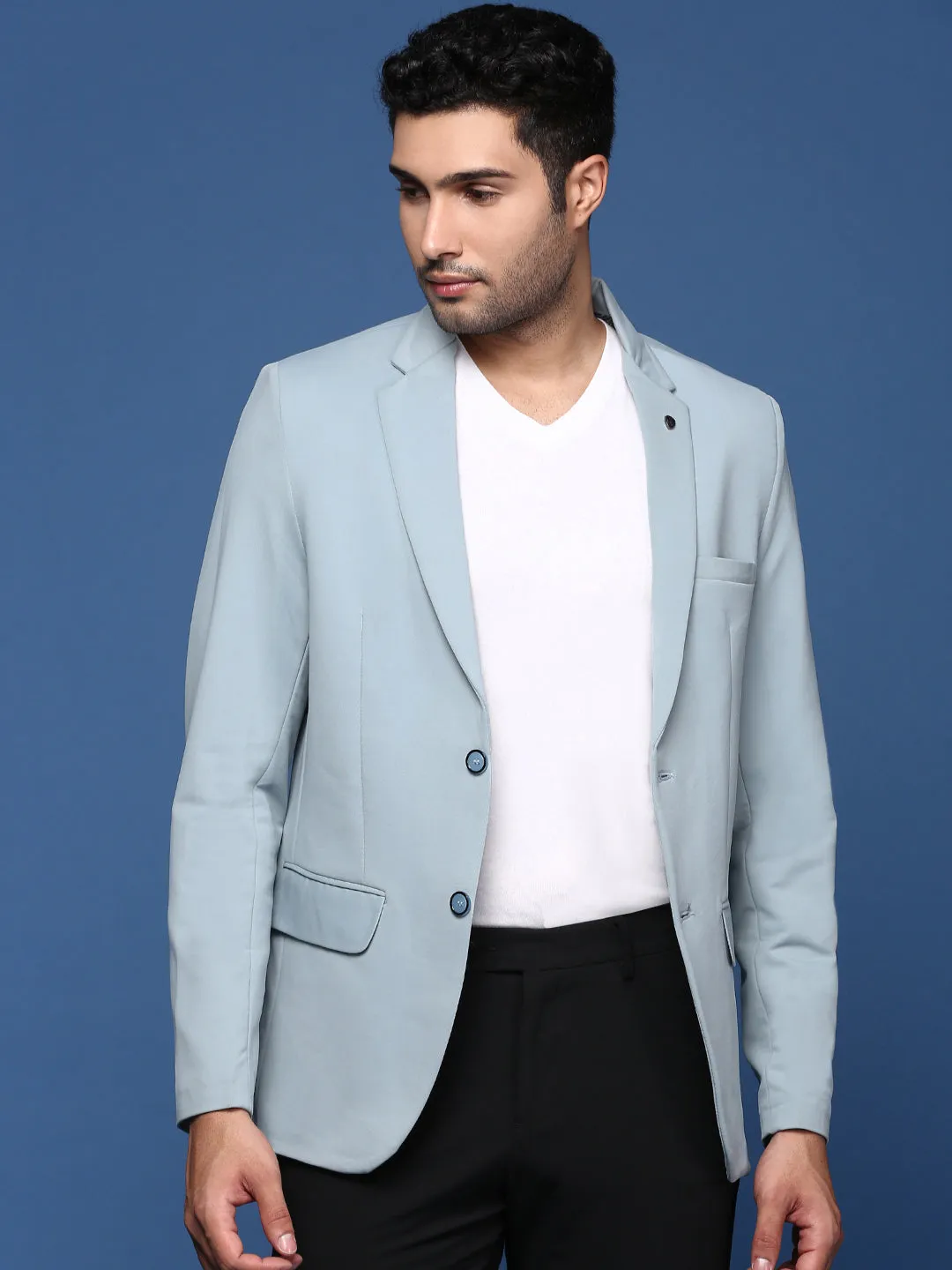 Men Blue Slim Fit Single Breasted Blazer