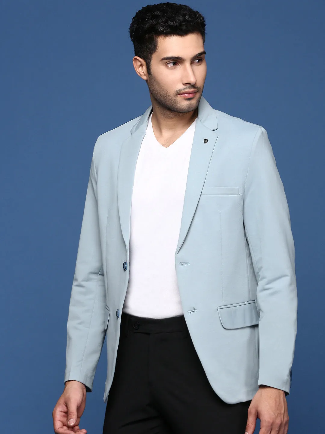 Men Blue Slim Fit Single Breasted Blazer