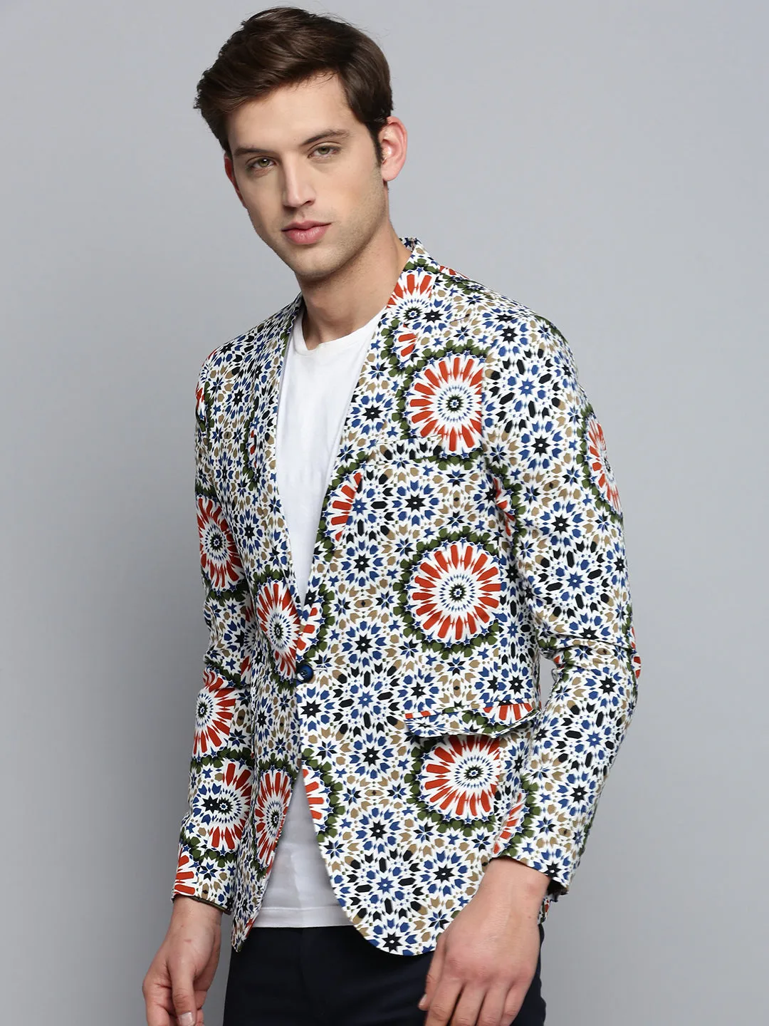 Men Notched Lapel Printed Multi Blazer