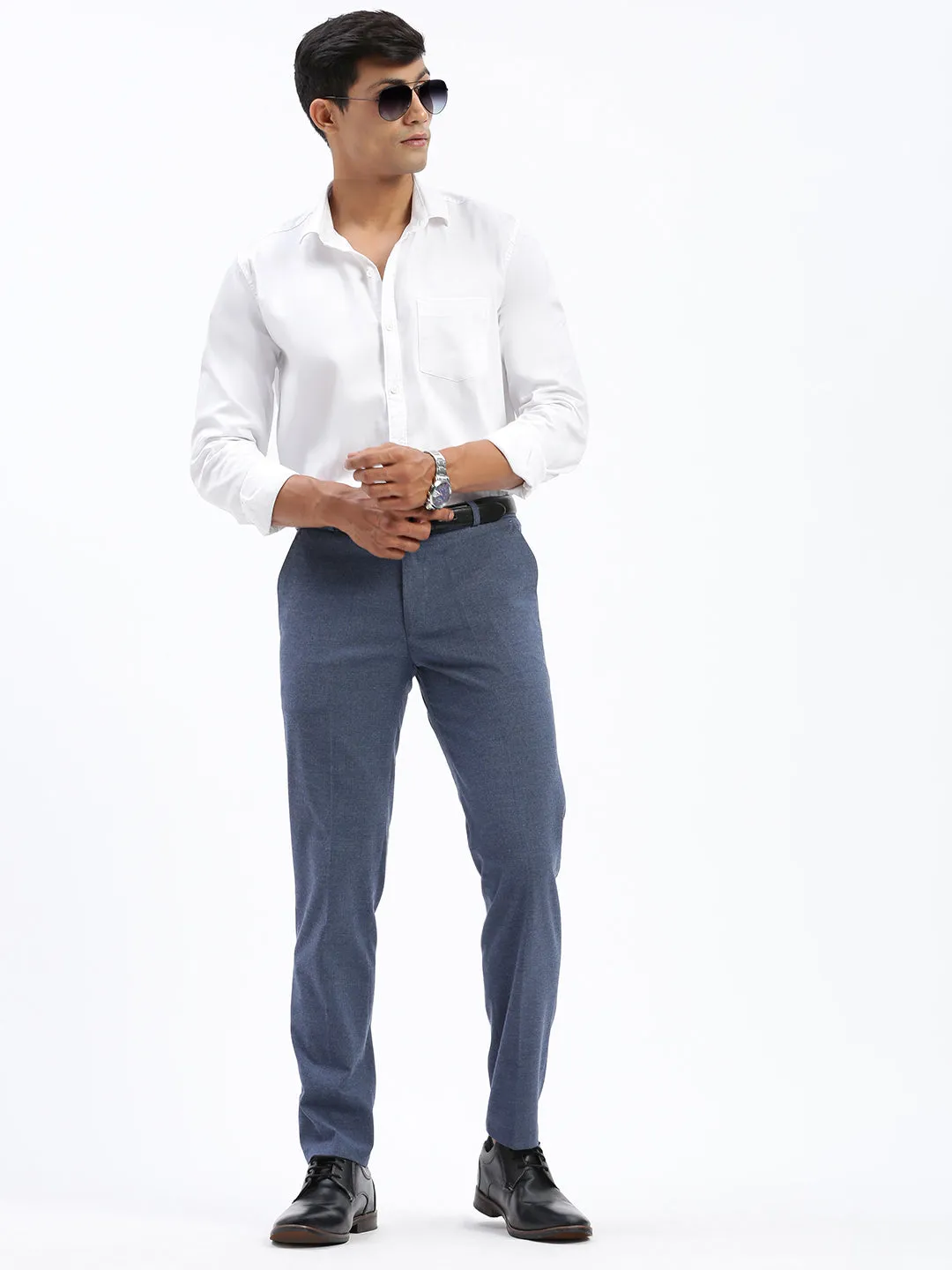 Men Solid Blue Formal Trousers