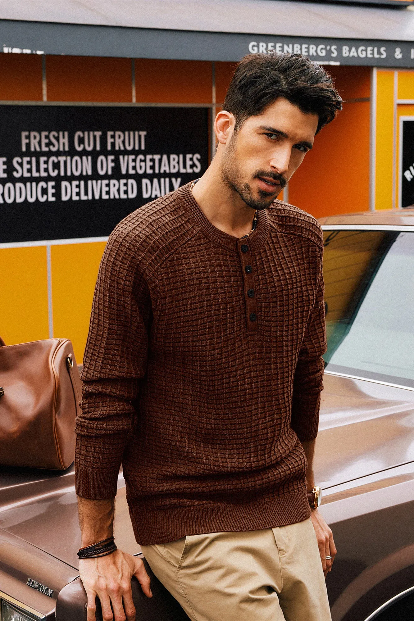 Men Stylish Textured Sweater Long Raglan Sleeve Button-up Neck Pullover