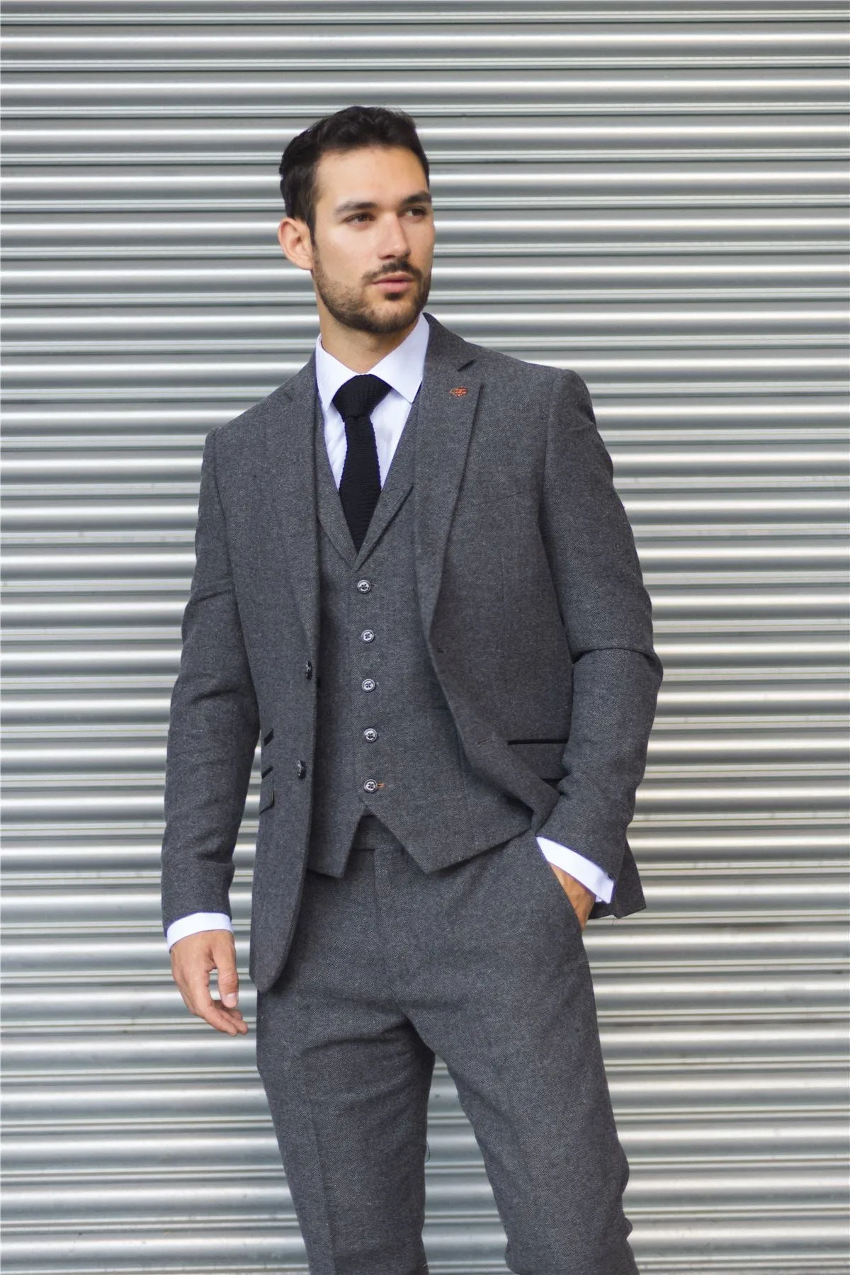 Men's Suit Grey 3 Piece Herringbone Tweed Wool Blend Classic Formal Dress