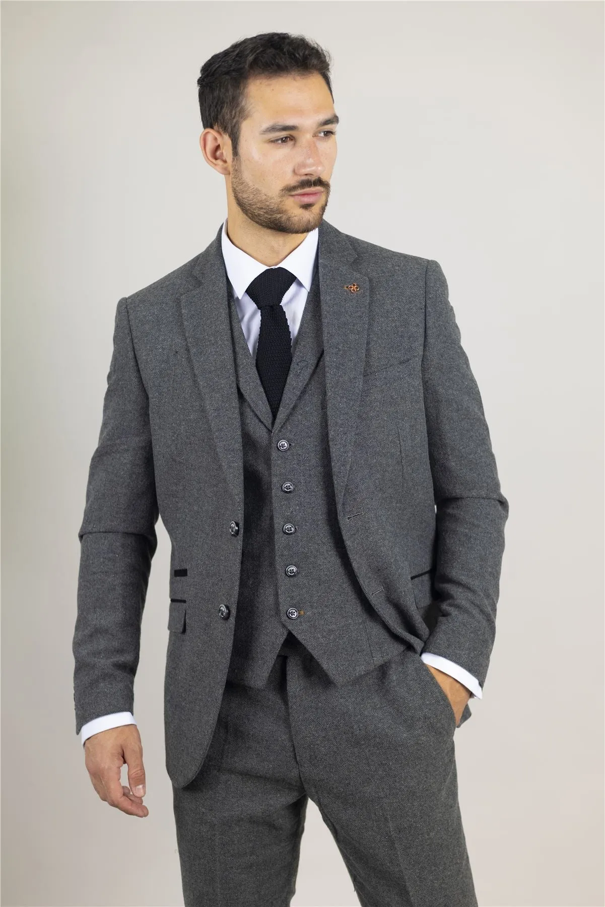 Men's Suit Grey 3 Piece Herringbone Tweed Wool Blend Classic Formal Dress