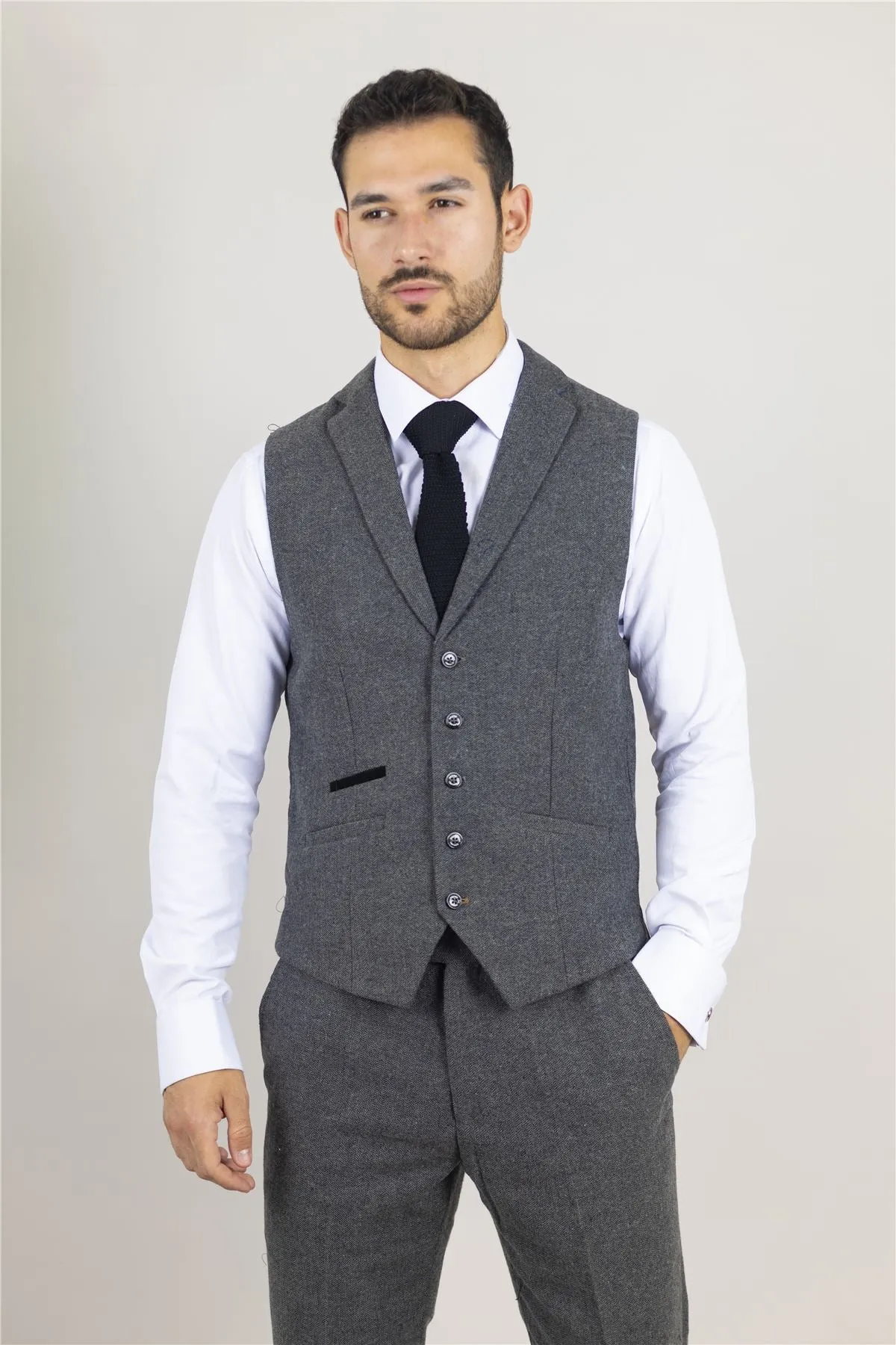 Men's Suit Grey 3 Piece Herringbone Tweed Wool Blend Classic Formal Dress