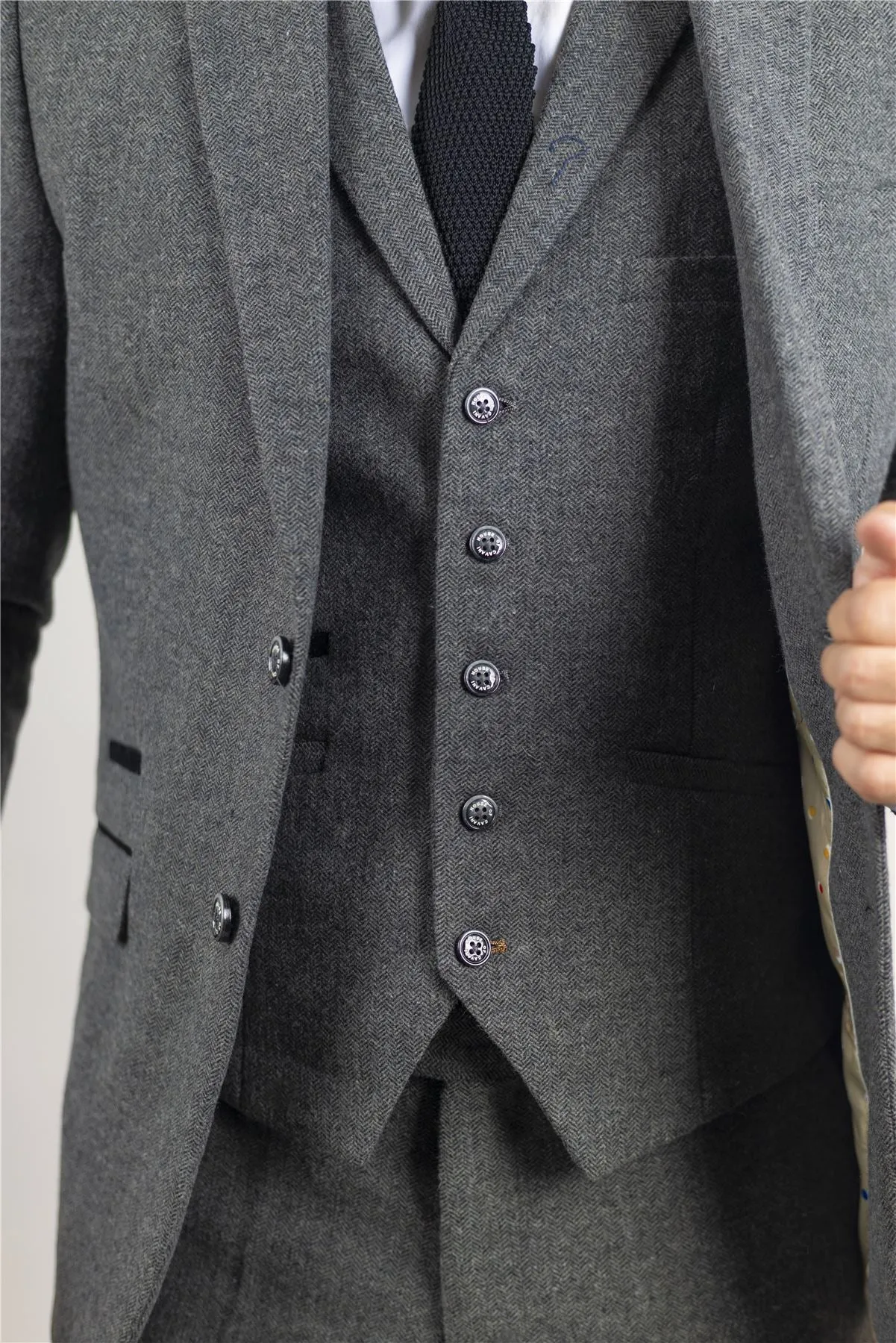 Men's Suit Grey 3 Piece Herringbone Tweed Wool Blend Classic Formal Dress