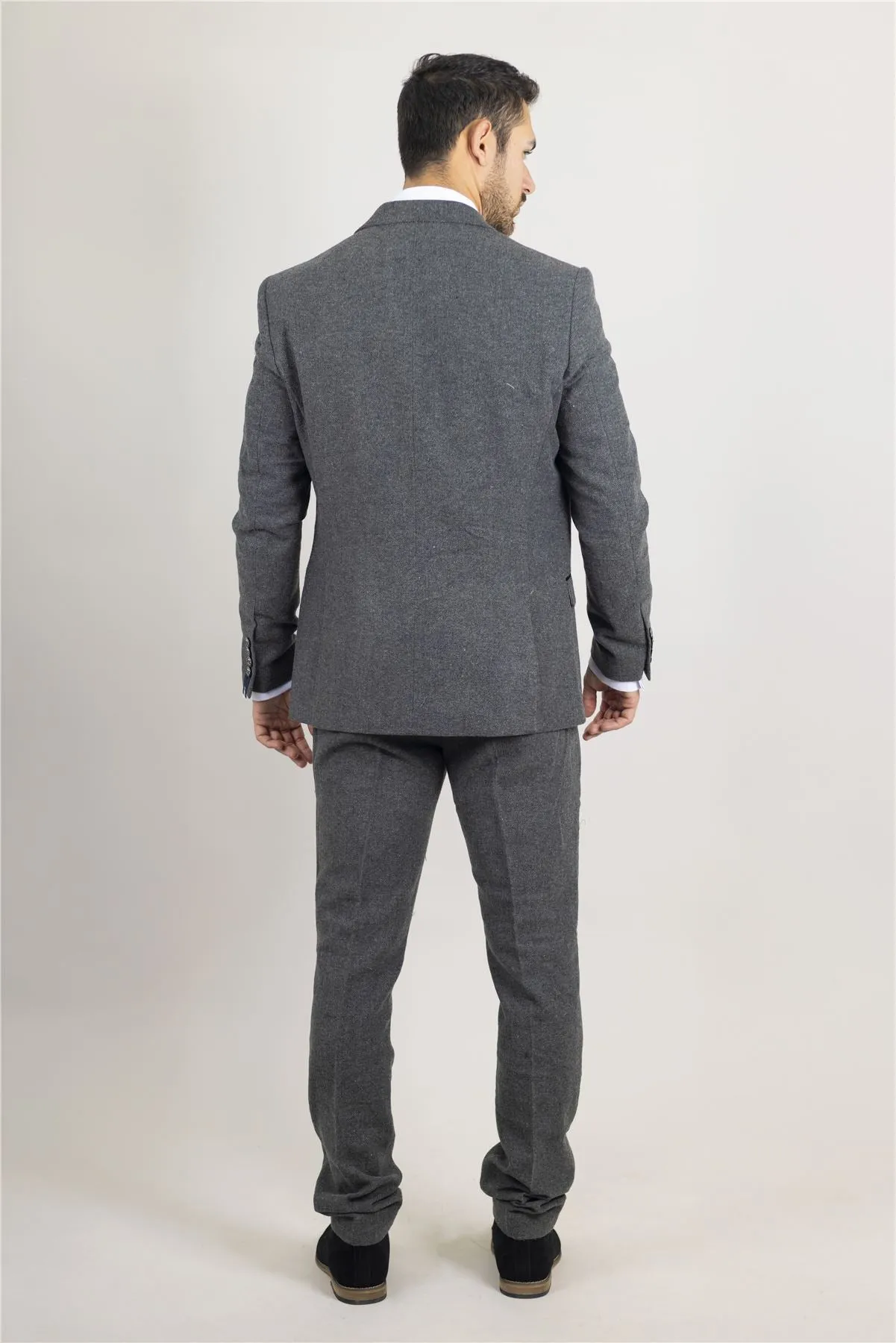 Men's Suit Grey 3 Piece Herringbone Tweed Wool Blend Classic Formal Dress