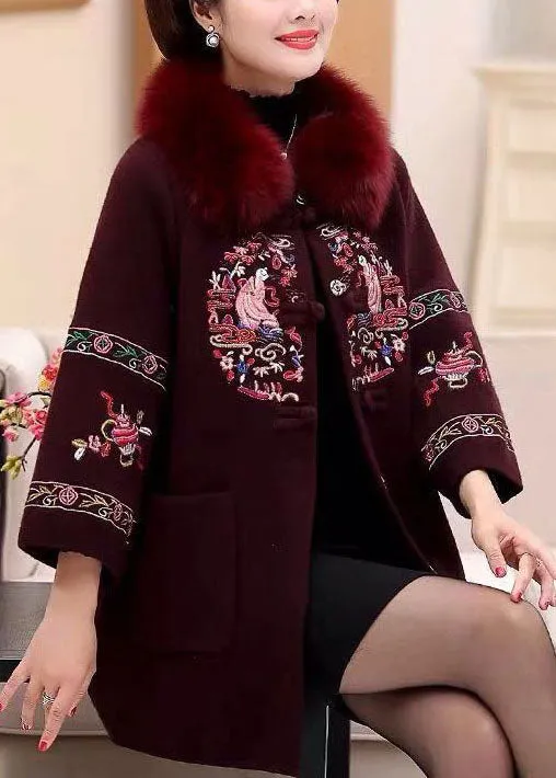 Modern Purple Fox Collar Embroideried Pockets Woolen Coats Winter