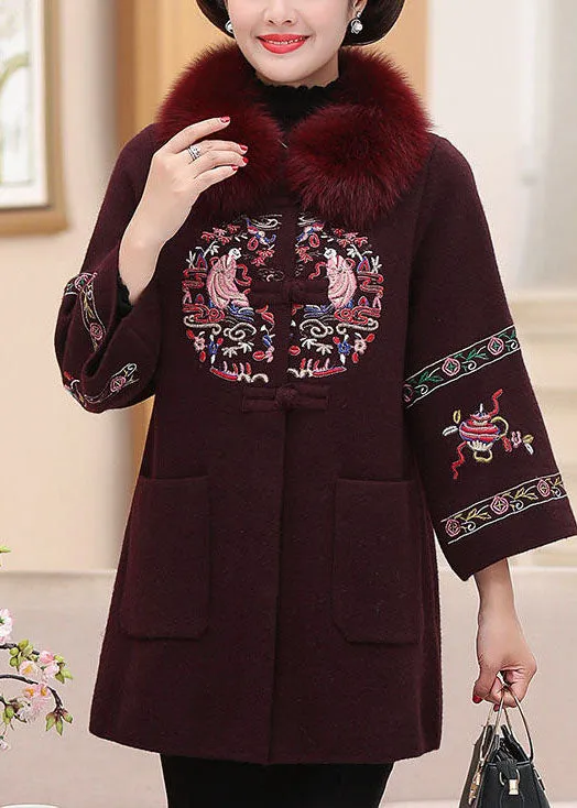 Modern Purple Fox Collar Embroideried Pockets Woolen Coats Winter