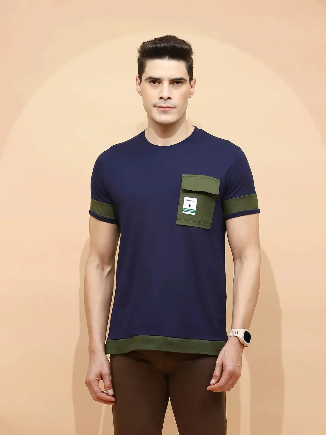 Navy Cotton Blend Regular Fit T-Shirt For Men