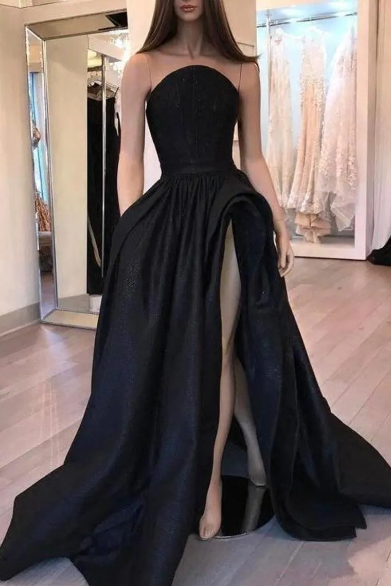 New Arrival Simple Black Strapless Prom Dresses Modest Evening Dresses