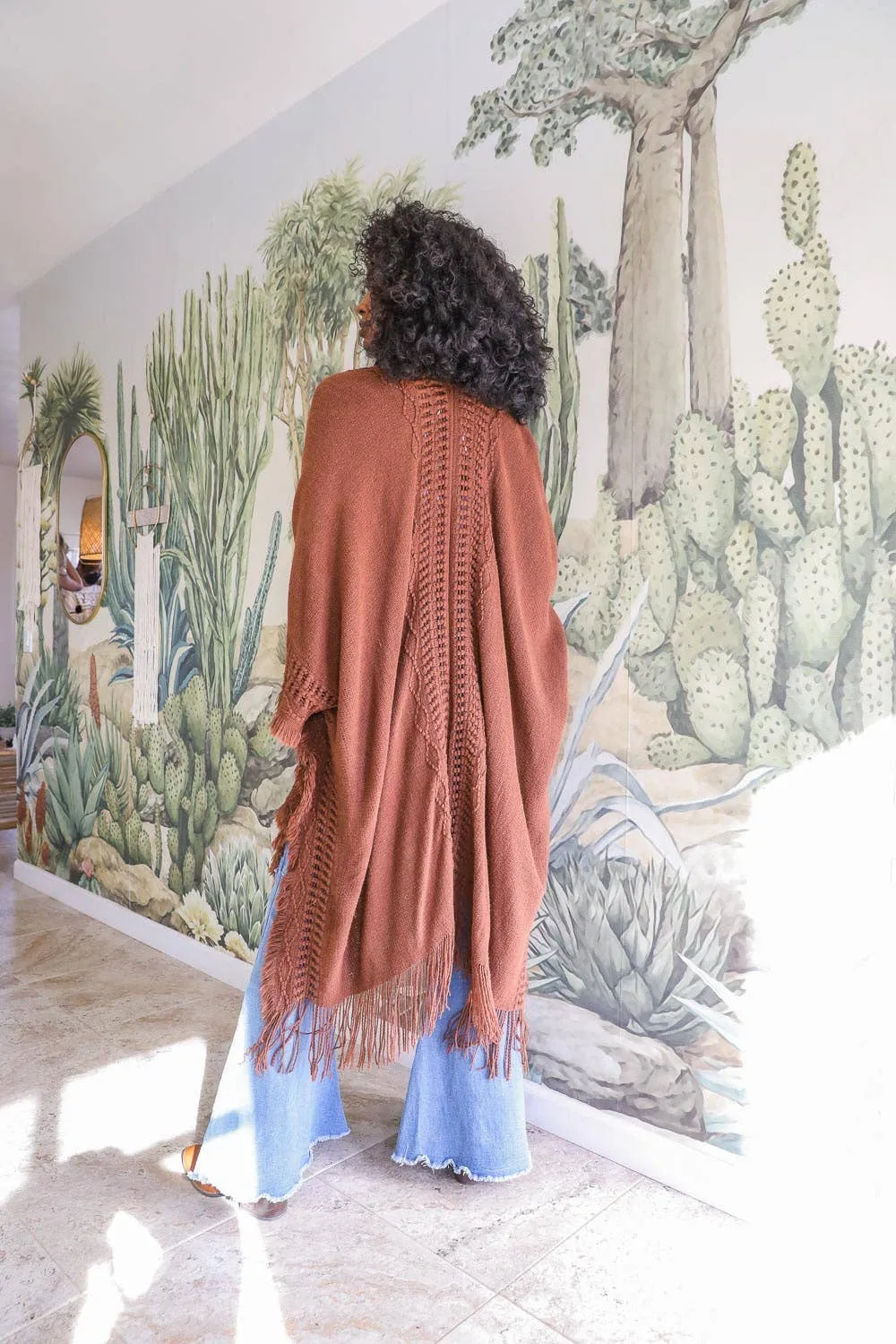 Open Work Frayed Border Bohemian Ruana | Brown