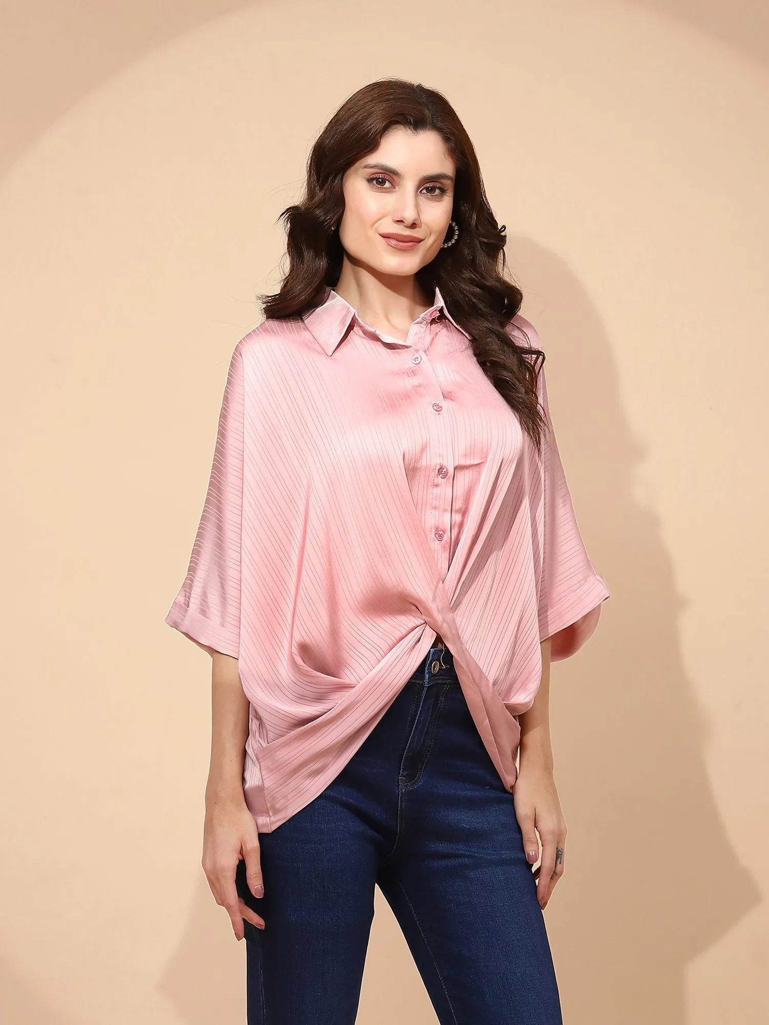 Pink Polyester Blend Regular Fit Blouson Top For Women