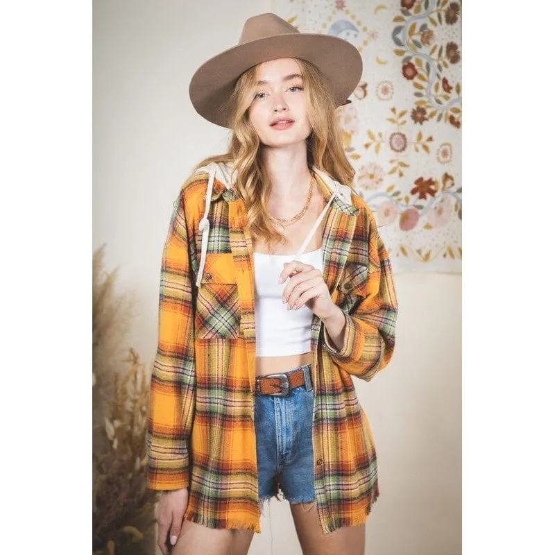 Plaid checked button down cozy hoodie jacket