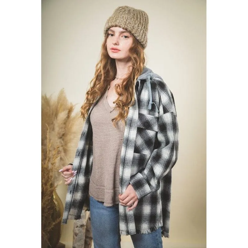 Plaid checked button down cozy hoodie jacket