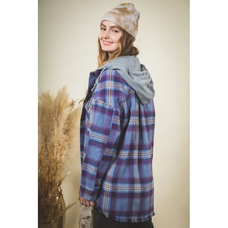 Plaid checked button down cozy hoodie jacket