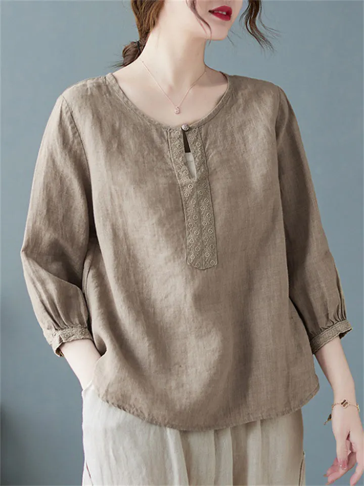 Plain Scoop Neck 3/4 Sleeve Female Cozy Linen Shirt