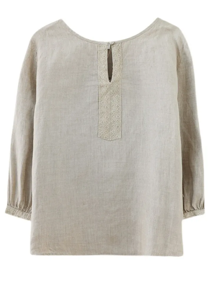 Plain Scoop Neck 3/4 Sleeve Female Cozy Linen Shirt