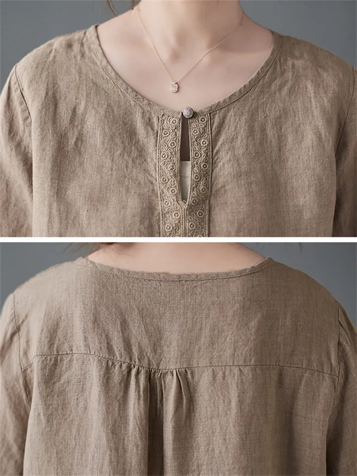 Plain Scoop Neck 3/4 Sleeve Female Cozy Linen Shirt