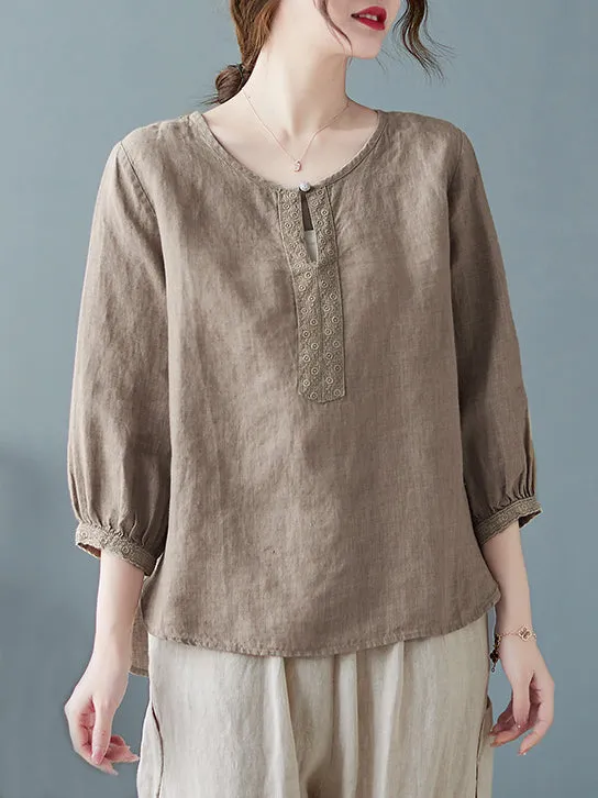 Plain Scoop Neck 3/4 Sleeve Female Cozy Linen Shirt