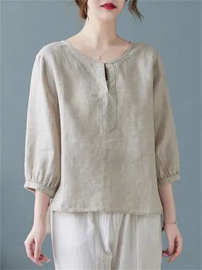 Plain Scoop Neck 3/4 Sleeve Female Cozy Linen Shirt