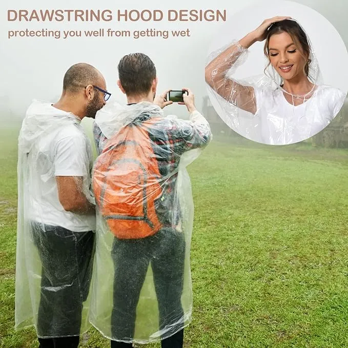 Rain Poncho for Adults, 10 Pack Waterproof Poncho, Disposable Light Weight Rain Poncho with Drawstring Hood for Women & Men, Transparent Emergency Raincoat for Camping, Hiking, Theme Parks, Climbing