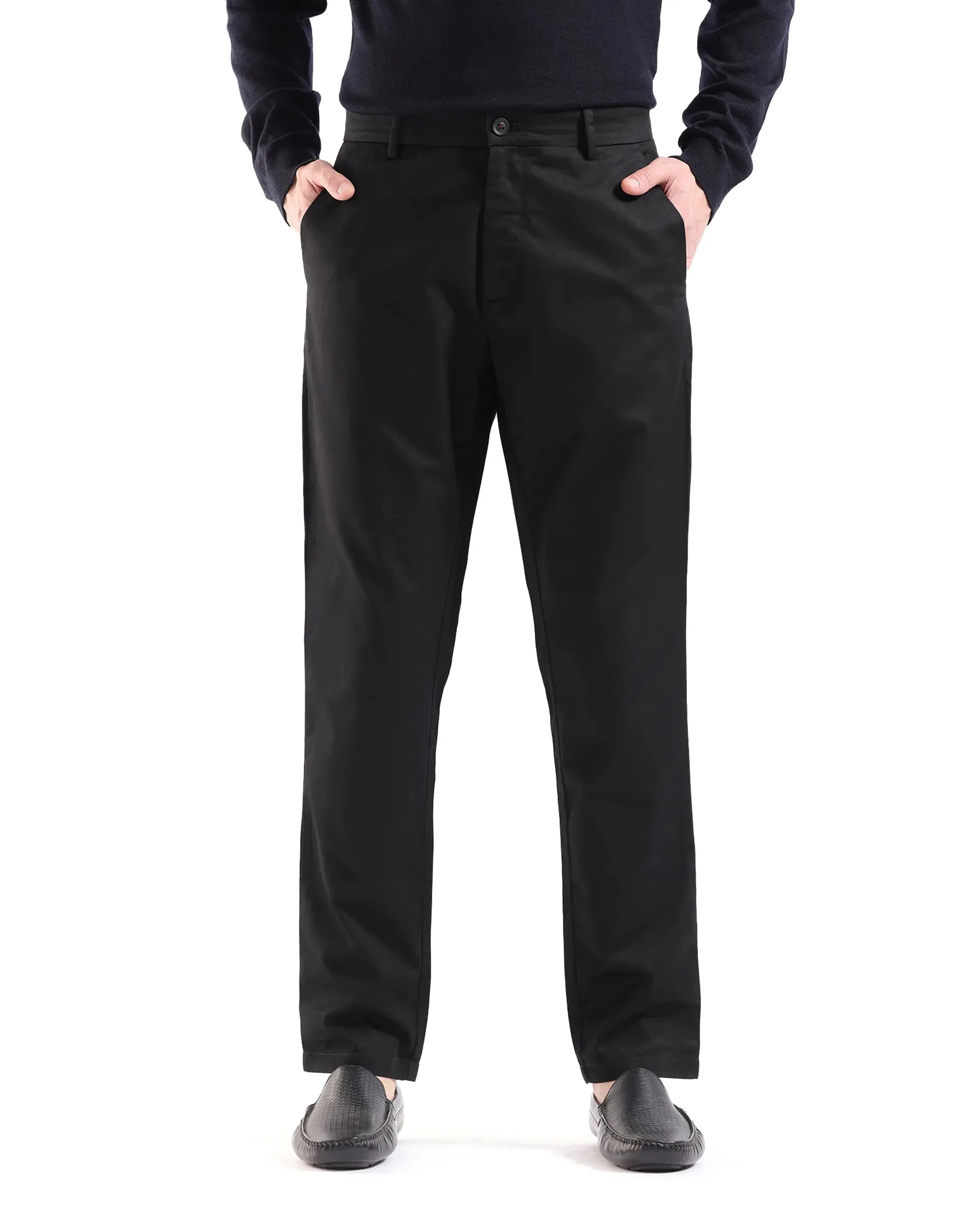 Rare Rabbit Men Ebert Black Cotton Fabric Button Closure Mid Rise Regular Fit Plain Trouser