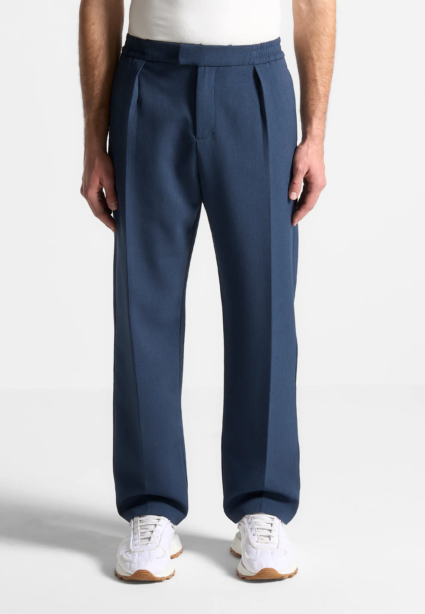 Relaxed Fit Hatched Pleated Tailored Trousers - Blue