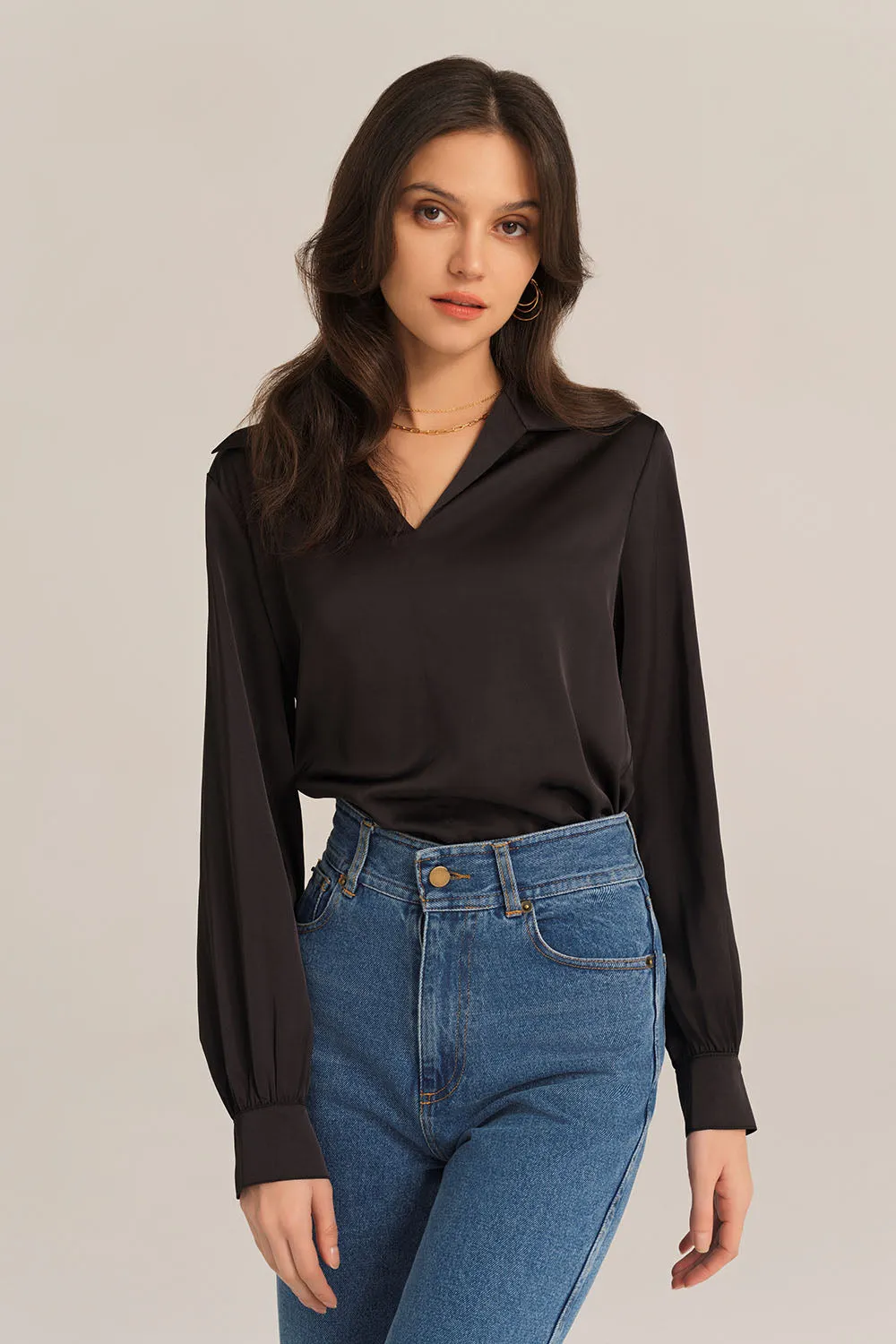 Satin Silk Blouse Loose Fit Comfy Tops - Black