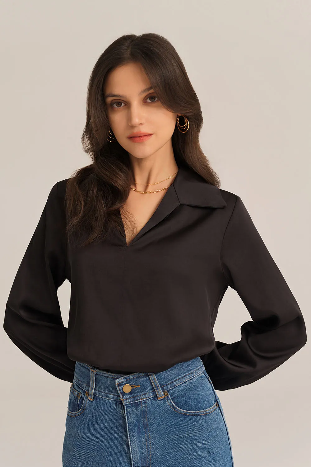 Satin Silk Blouse Loose Fit Comfy Tops - Black