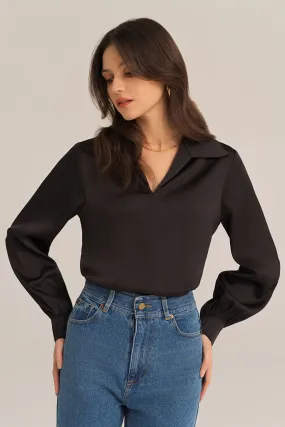 Satin Silk Blouse Loose Fit Comfy Tops - Black