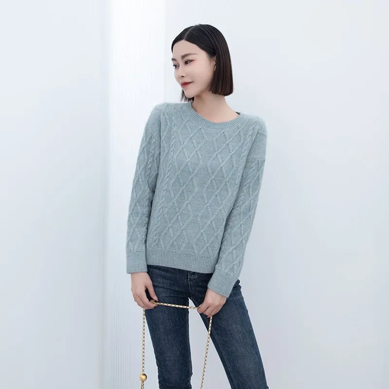 Shadow Blue Rhombus Round Neck Woolen Sweater