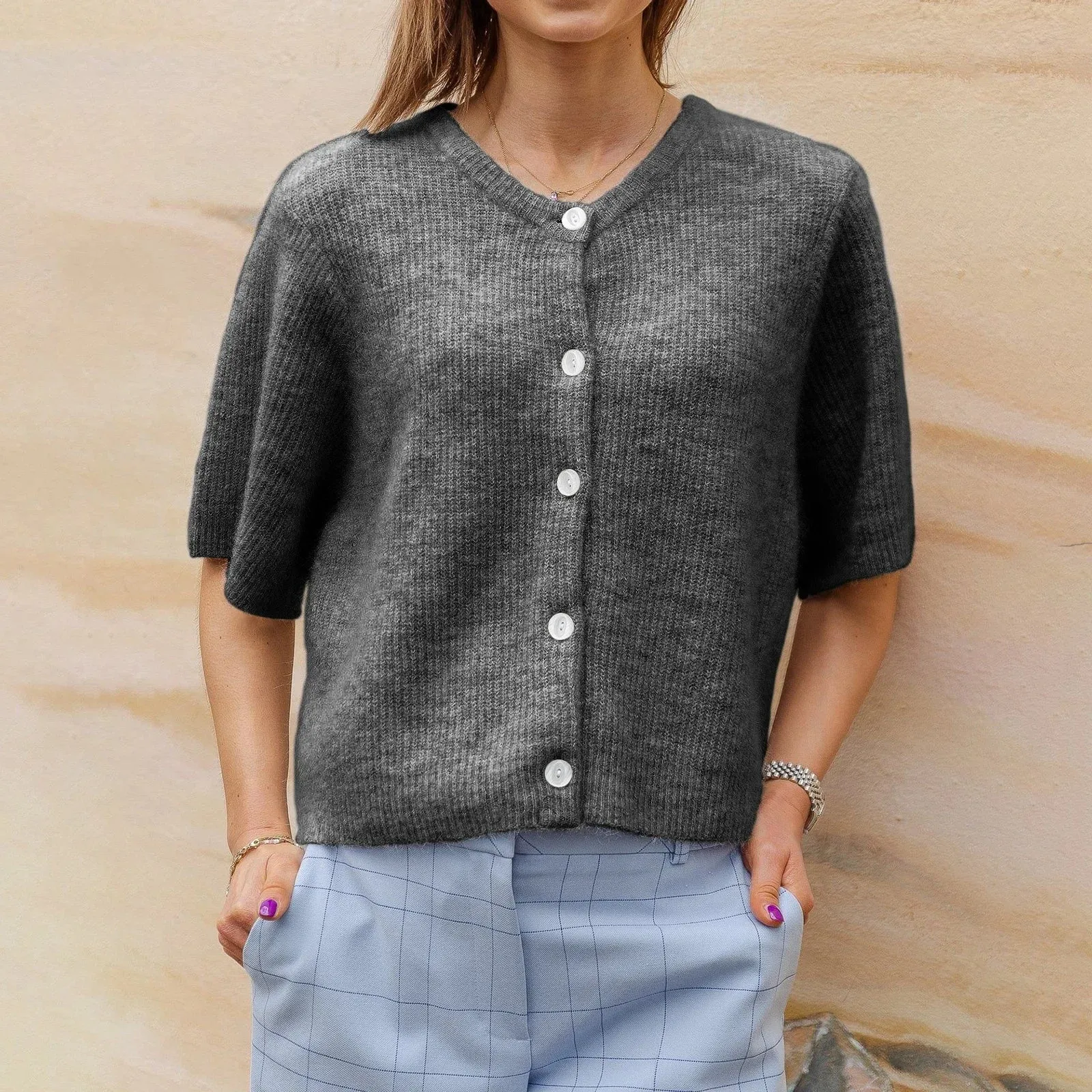 Short-Sleeve Knit Cardigan - Versatile & Stylish