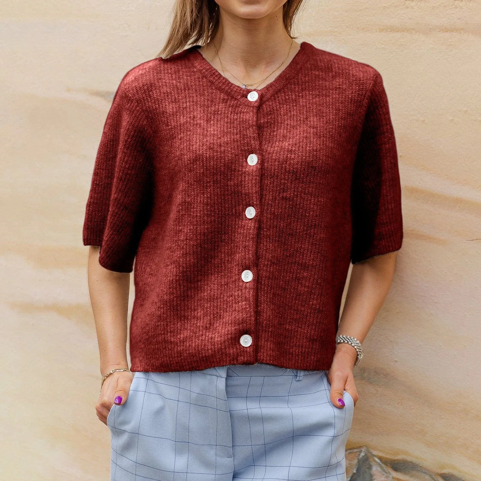 Short-Sleeve Knit Cardigan - Versatile & Stylish