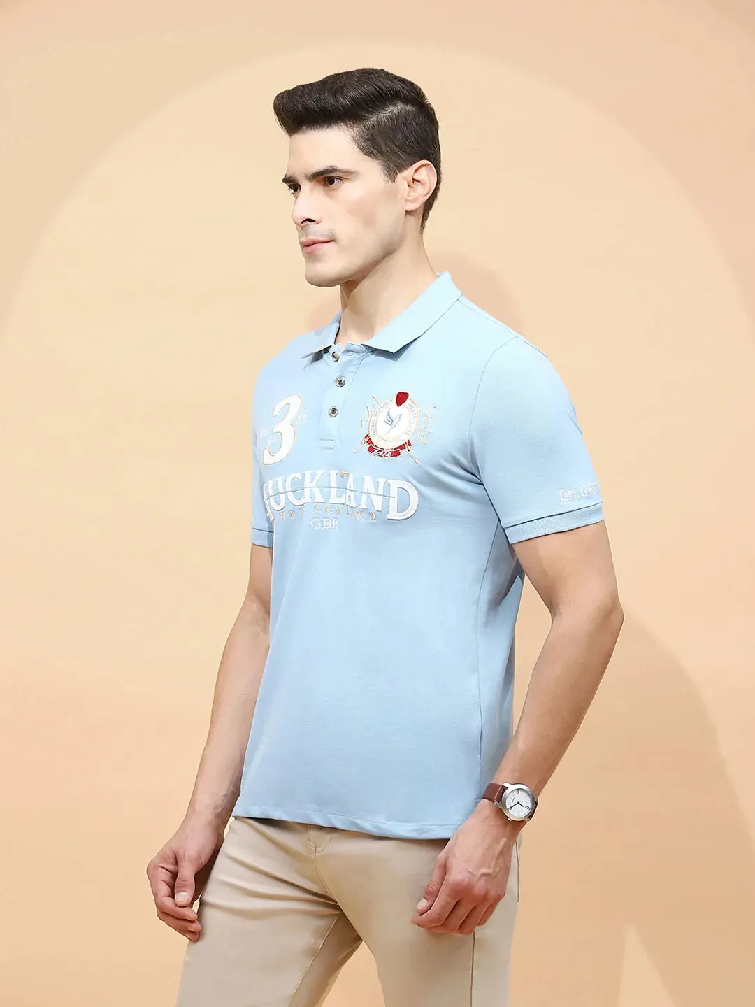 Sky Blue Cotton Blend Regular Fit T-Shirt For Men