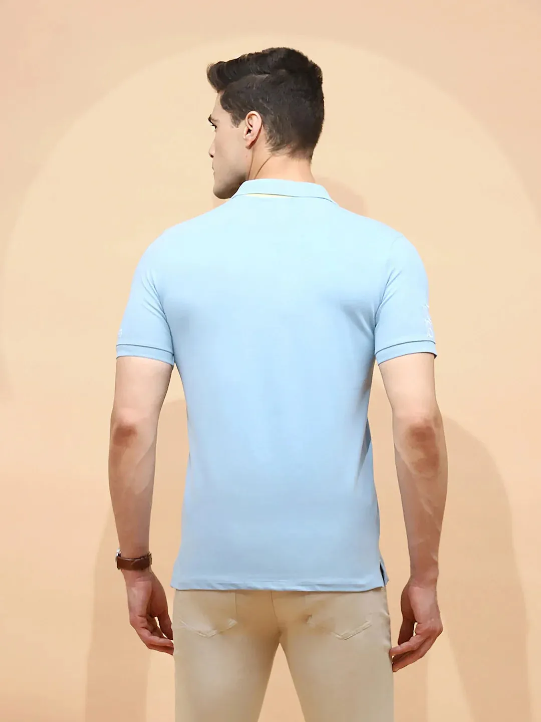 Sky Blue Cotton Blend Regular Fit T-Shirt For Men