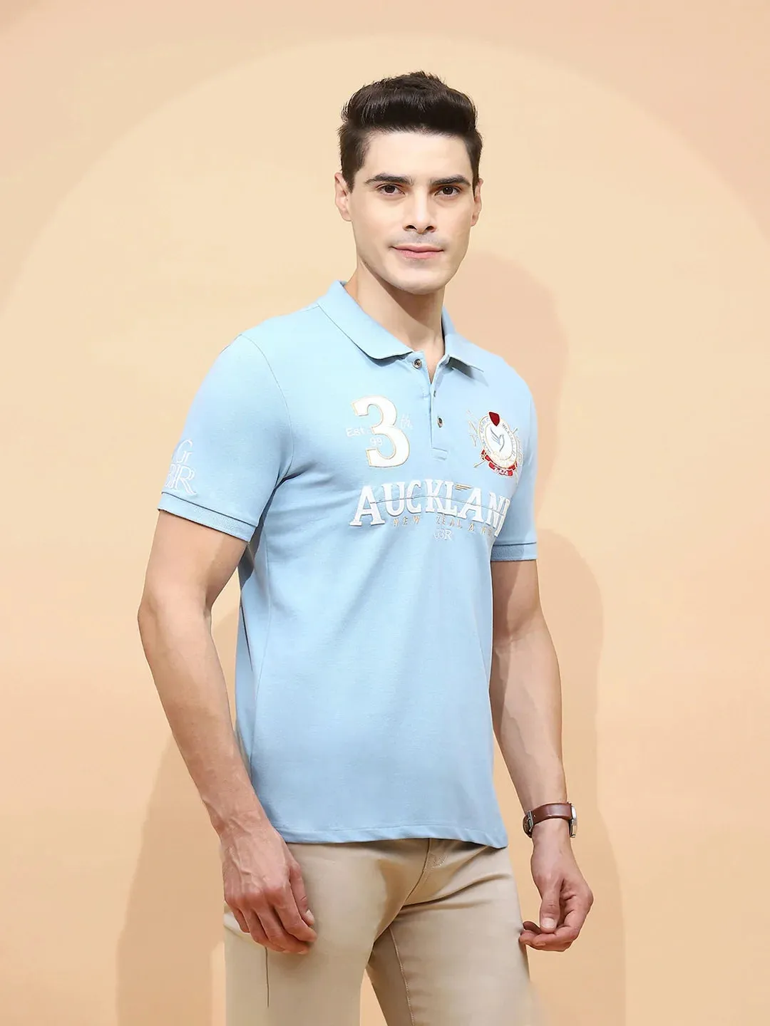 Sky Blue Cotton Blend Regular Fit T-Shirt For Men