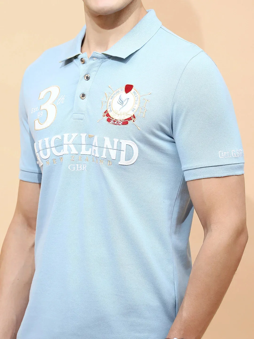 Sky Blue Cotton Blend Regular Fit T-Shirt For Men