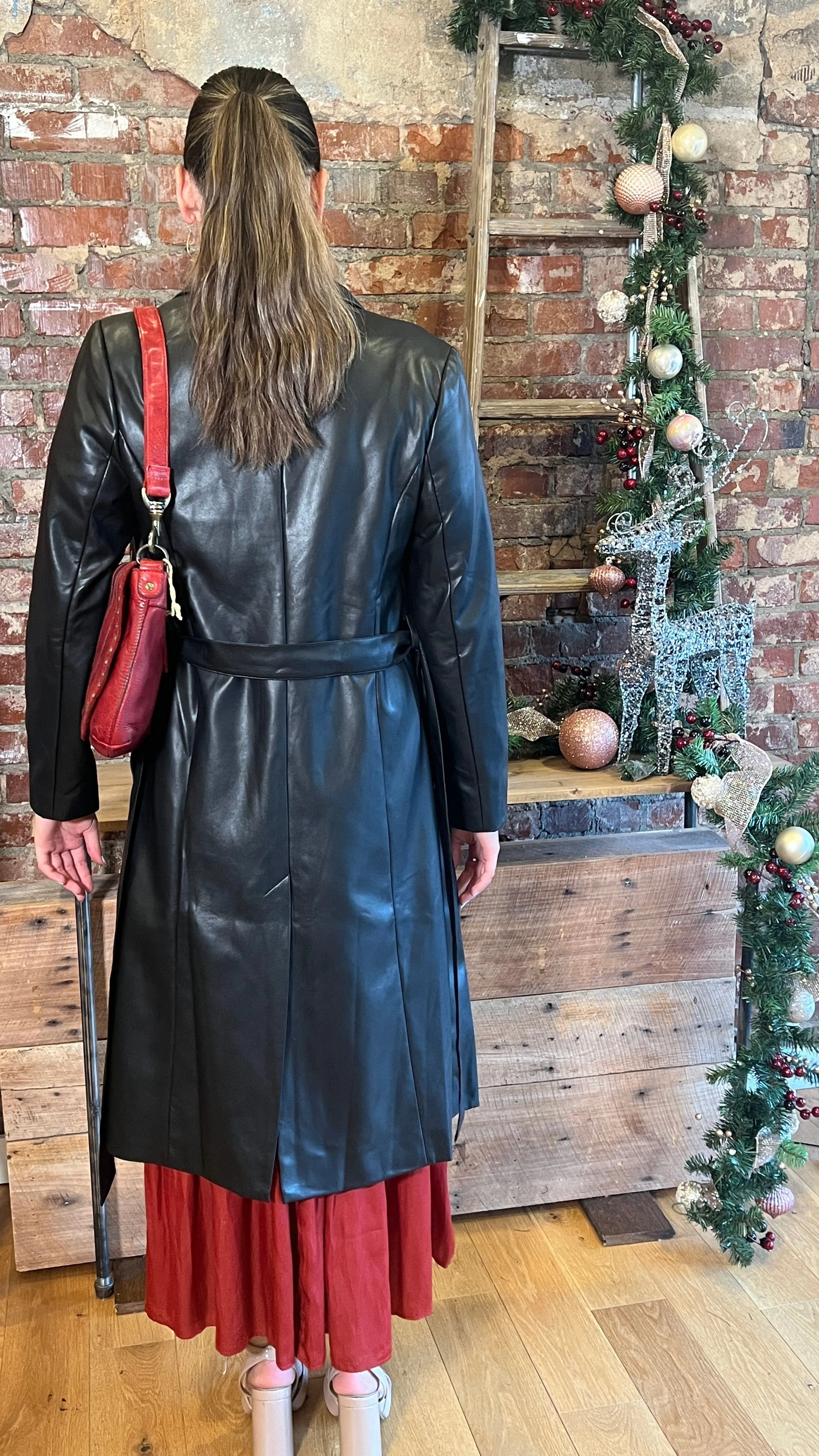 Sleek Black Vegan Leather Coat