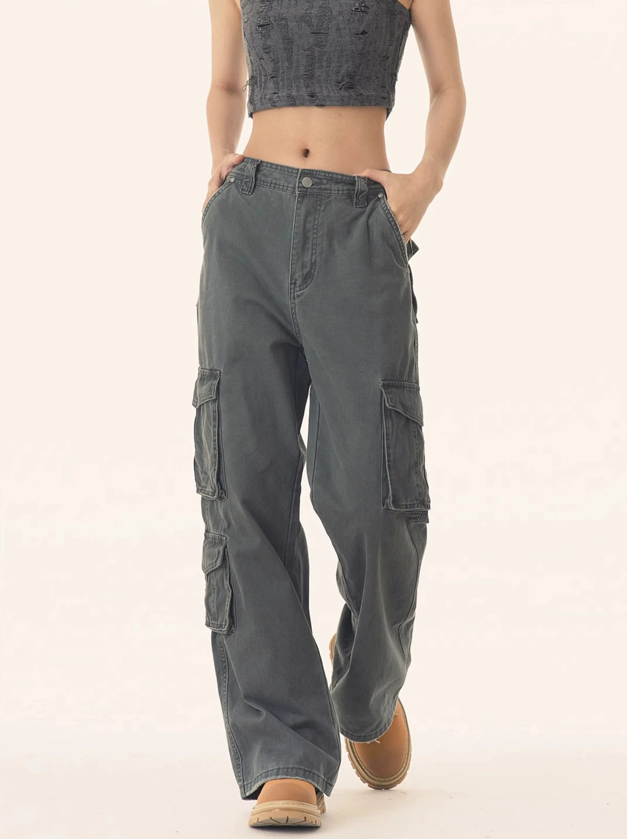 Straight Leg Utility Cargo Pants with Multiple Flap Pockets