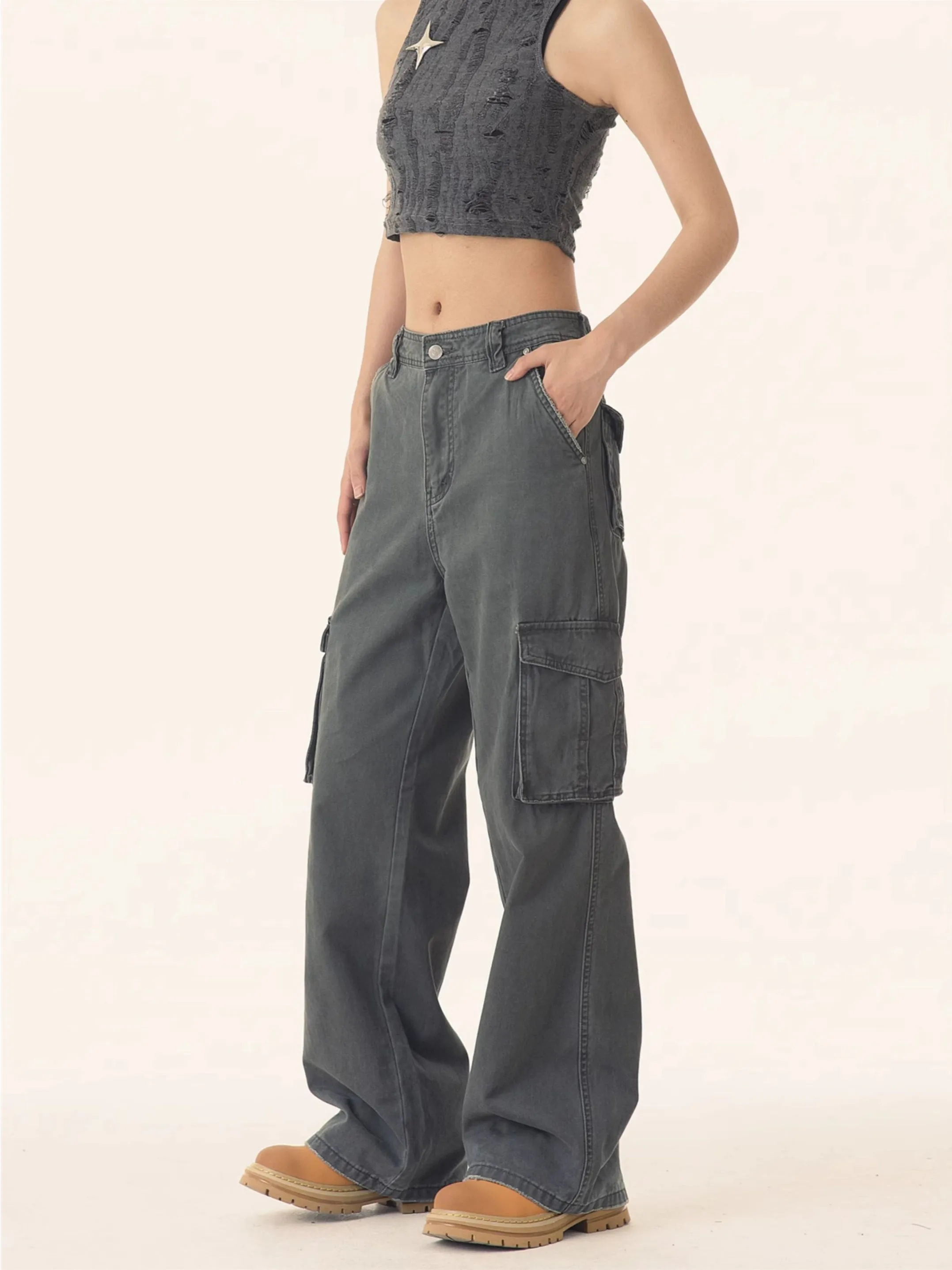 Straight Leg Utility Cargo Pants with Multiple Flap Pockets