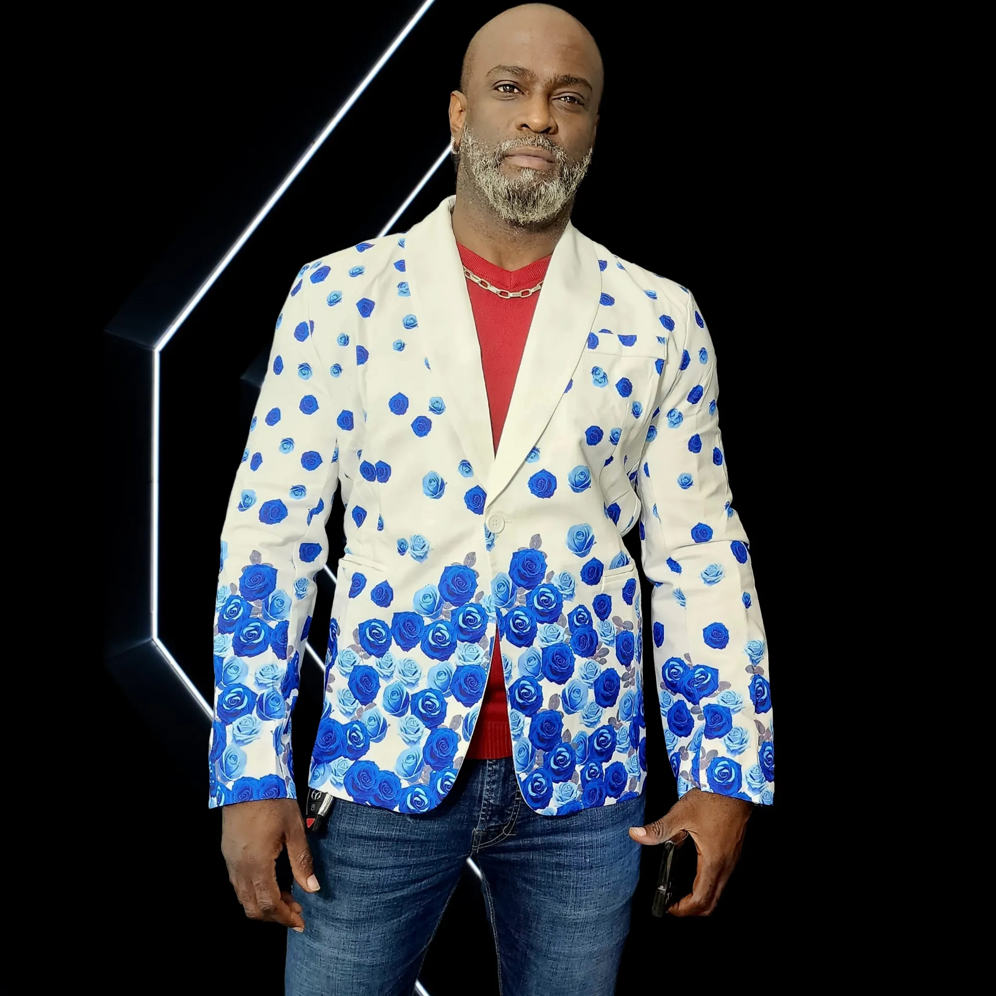 Tablue Mens Flower Petal Print Single Button Retro Blazer