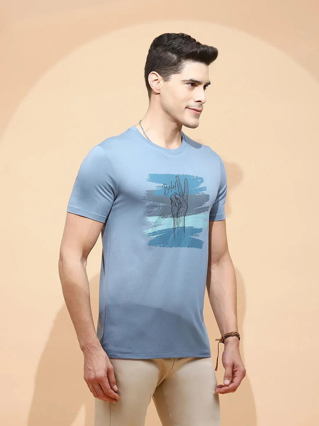 Teal Cotton Blend Regular Fit T-Shirt For Men