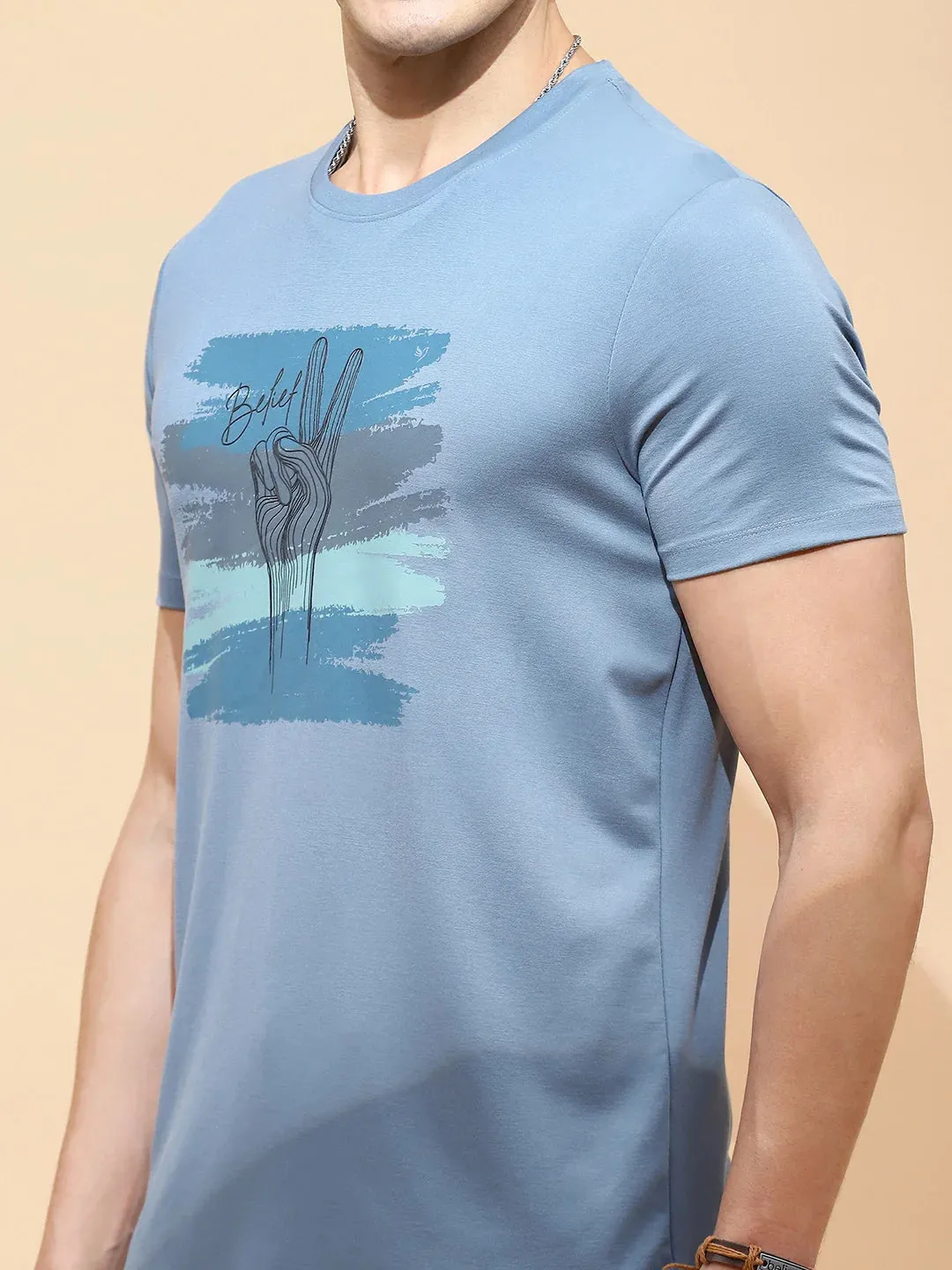 Teal Cotton Blend Regular Fit T-Shirt For Men