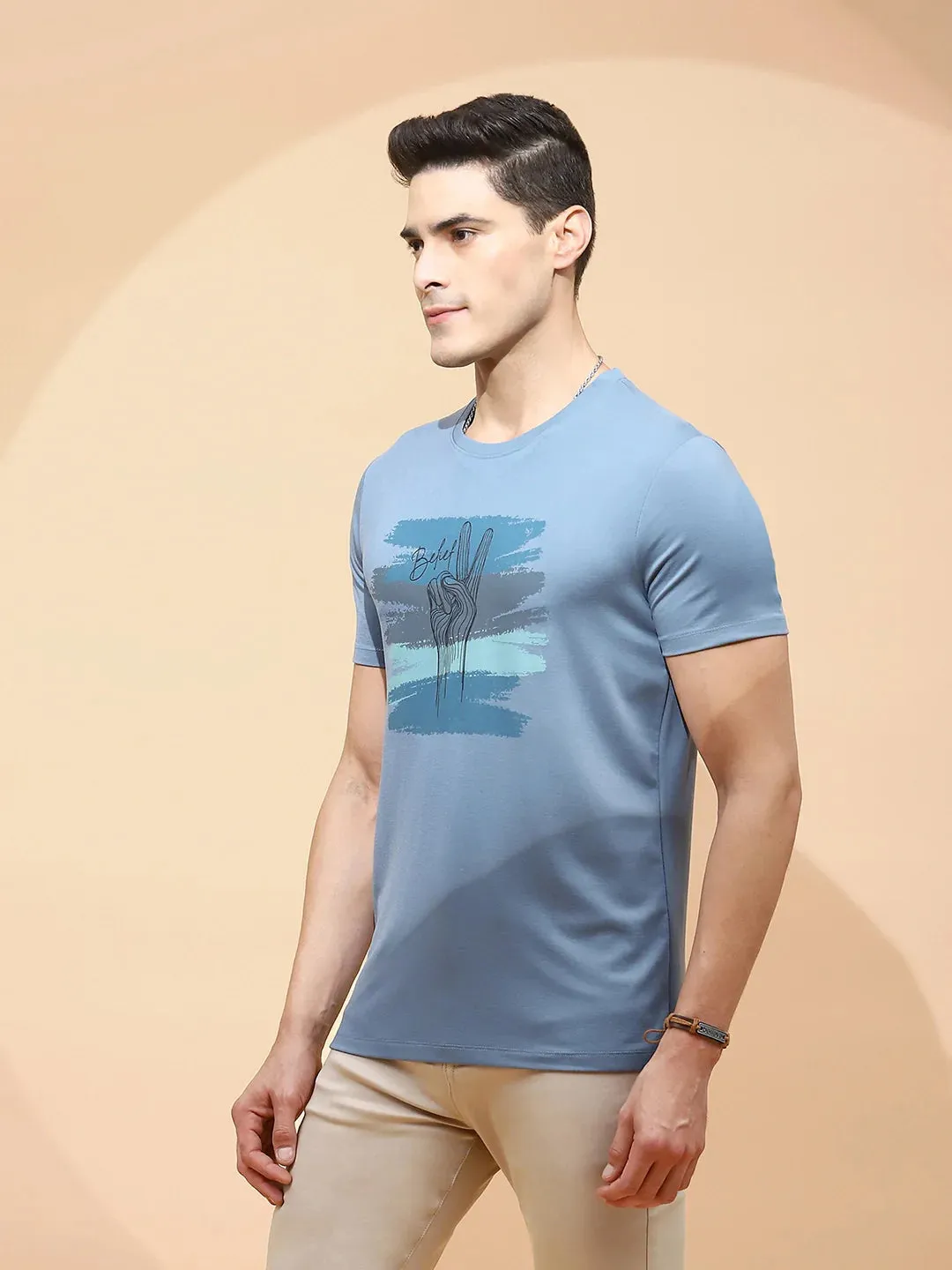 Teal Cotton Blend Regular Fit T-Shirt For Men