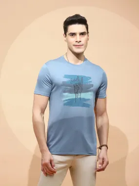 Teal Cotton Blend Regular Fit T-Shirt For Men